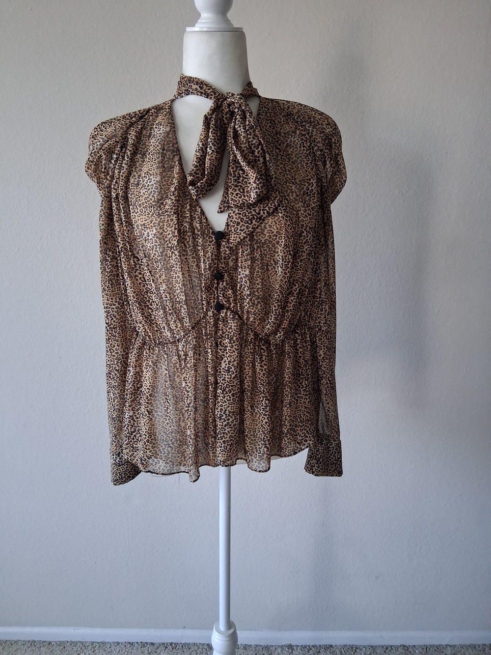 ZARA Sheer Leopard Print Tie-Neck Blouse